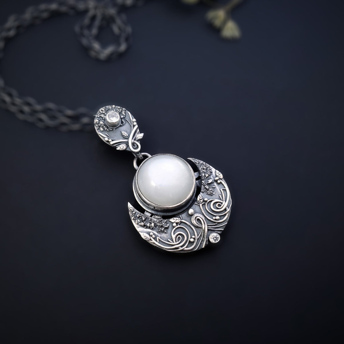 Sterling and Fine Silver Selena White Moon Pendant and Necklace with White Moonstone and Topaz - Moonlight