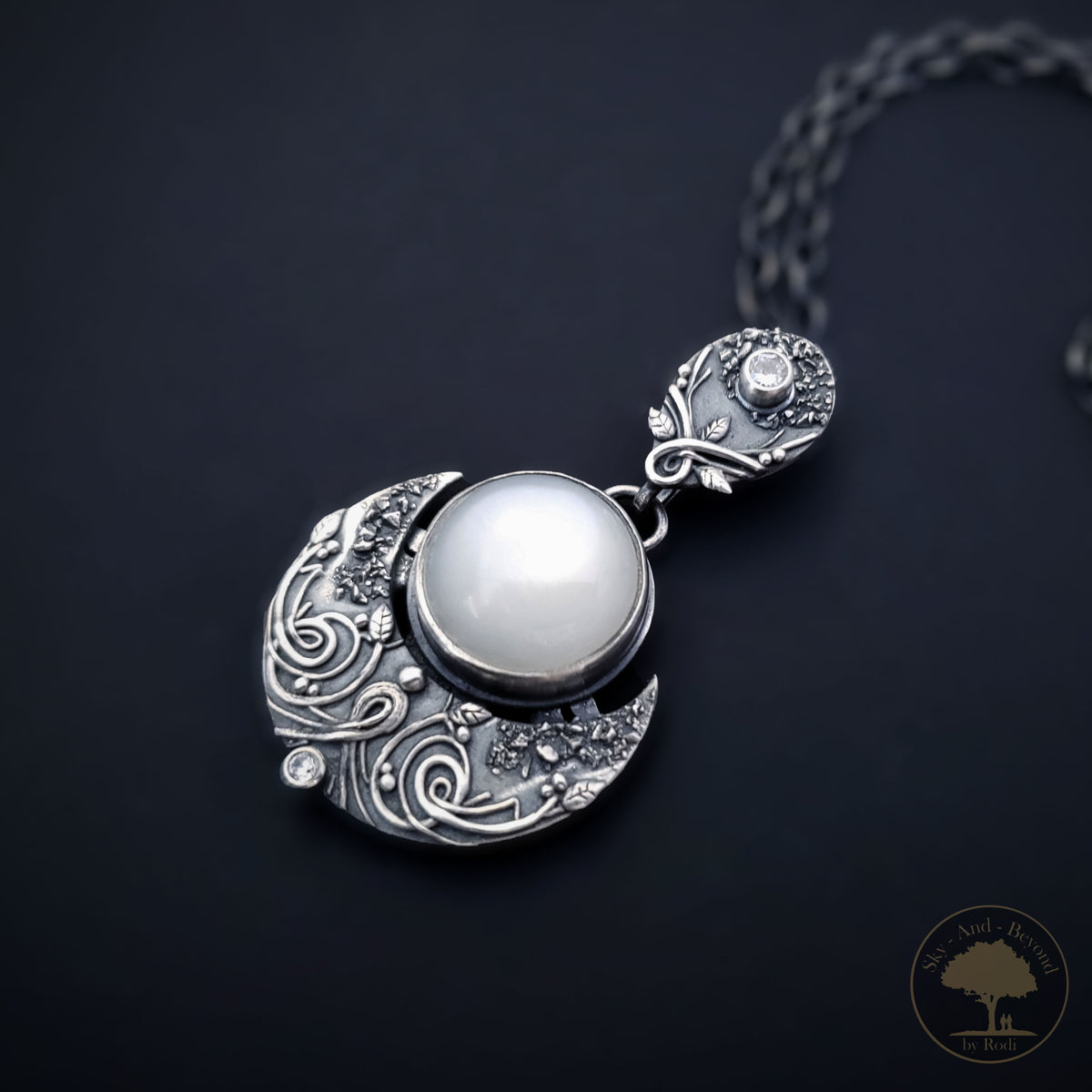 Sterling and Fine Silver Selena White Moon Pendant and Necklace with White Moonstone and Topaz - Moonlight