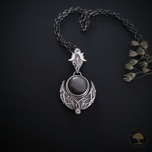 Custom Made Sterling and Fine Silver Lilith Dark Moon Pendant and Necklace with Grey Moonstone and Topaz - Moon