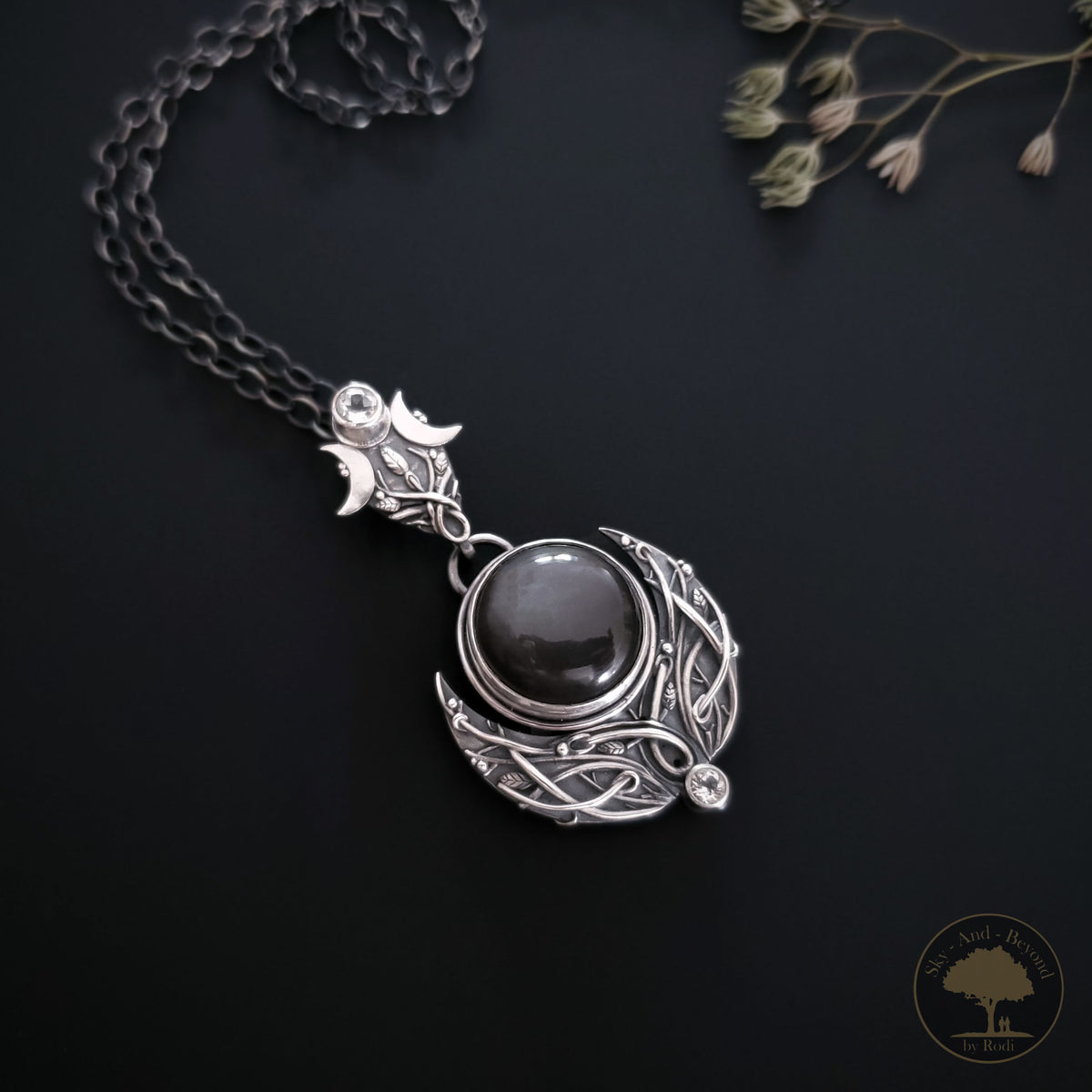Custom Made Sterling and Fine Silver Lilith Dark Moon Pendant and Necklace with Grey Moonstone and Topaz - Moon