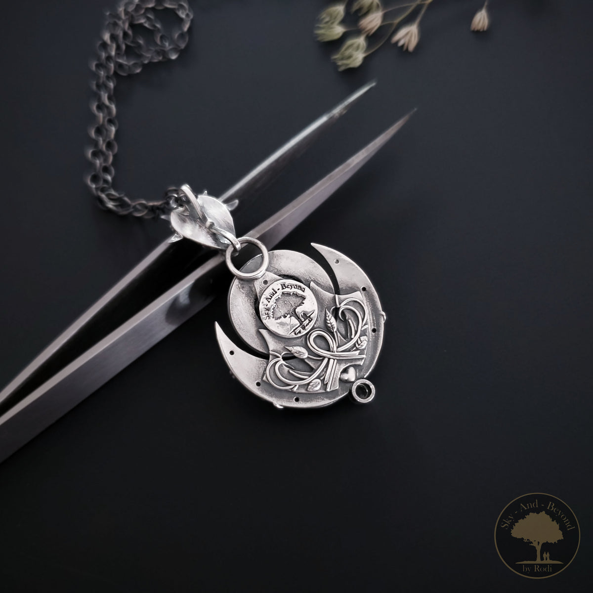 Custom Made Sterling and Fine Silver Lilith Dark Moon Pendant and Necklace with Grey Moonstone and Topaz - Moon