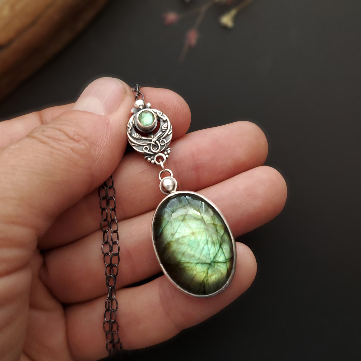 Sterling Silver Pendant and Necklace with Labradorite stones - Forest Spirit