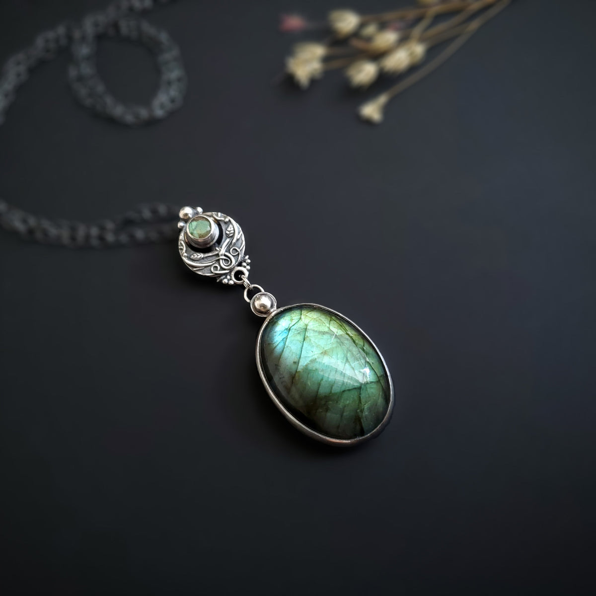 Sterling Silver Pendant and Necklace with Labradorite stones - Forest Spirit