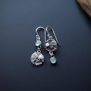 Bliss matching dangle Earrings - Sterling and Fine Silver Earrings with Aqua Chalcedony stone and Fresh Water Pearl