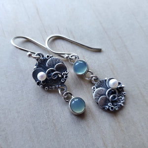 Bliss matching dangle Earrings - Sterling and Fine Silver Earrings with Aqua Chalcedony stone and Fresh Water Pearl