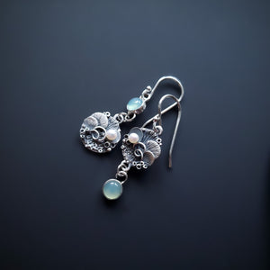 Bliss matching dangle Earrings - Sterling and Fine Silver Earrings with Aqua Chalcedony stone and Fresh Water Pearl