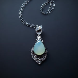 Sterling Silver pendant and necklace with Aqua Chalcedony stone and Fresh Water Pearl - Ocean Breeze - Bliss