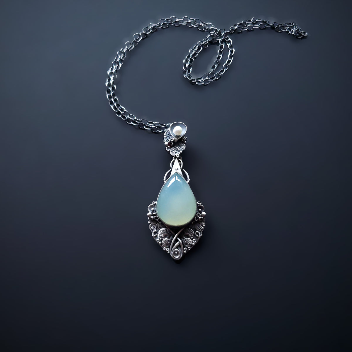 Sterling Silver pendant and necklace with Aqua Chalcedony stone and Fresh Water Pearl - Ocean Breeze - Bliss