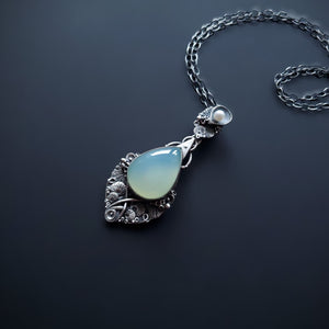 Sterling Silver pendant and necklace with Aqua Chalcedony stone and Fresh Water Pearl - Ocean Breeze - Bliss