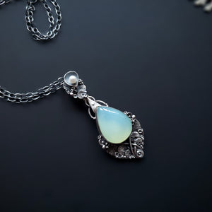 Sterling Silver pendant and necklace with Aqua Chalcedony stone and Fresh Water Pearl - Ocean Breeze - Bliss