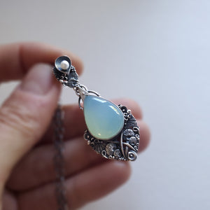 Sterling Silver pendant and necklace with Aqua Chalcedony stone and Fresh Water Pearl - Ocean Breeze - Bliss