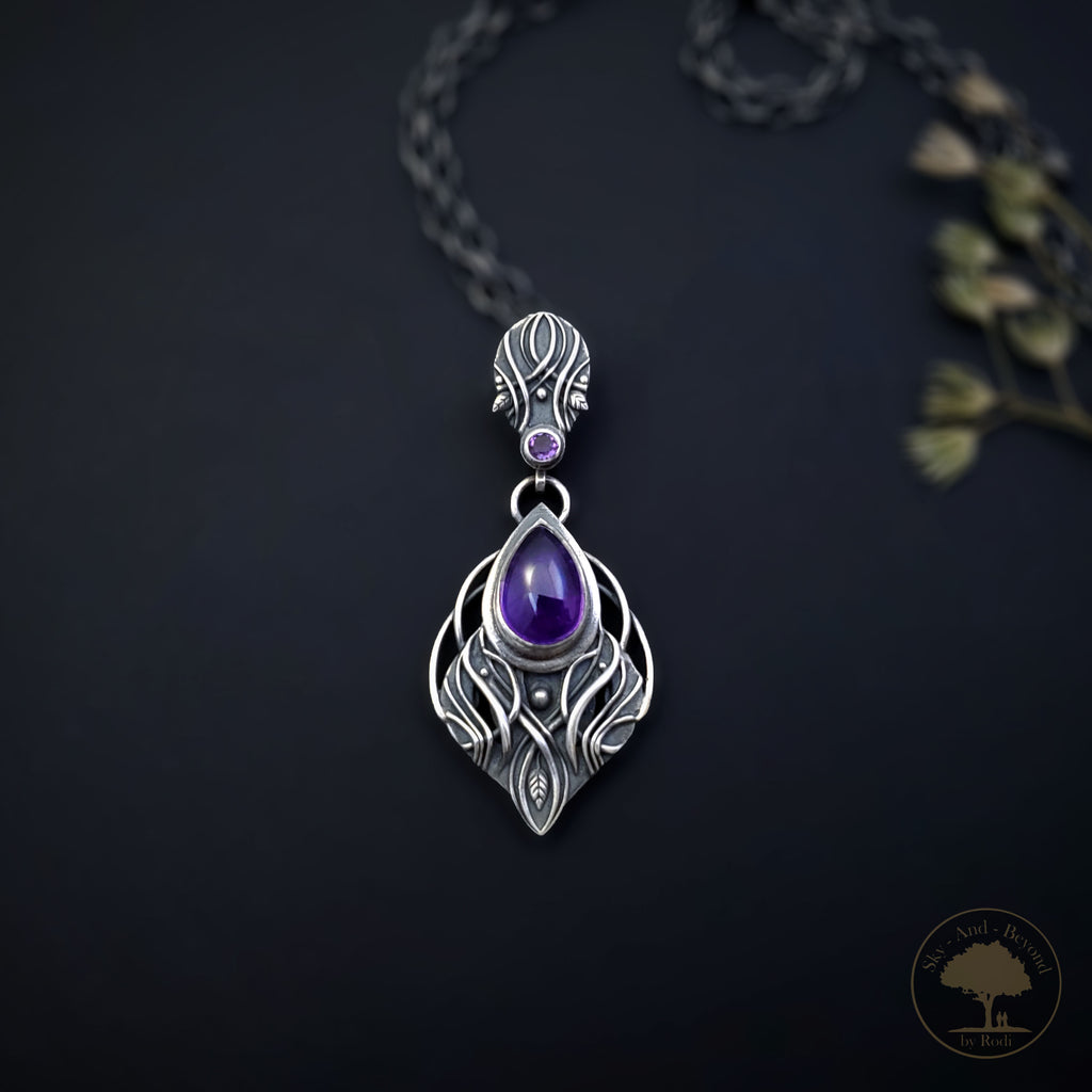 Gothic Iolite and Amethyst Silver Pendant Necklace