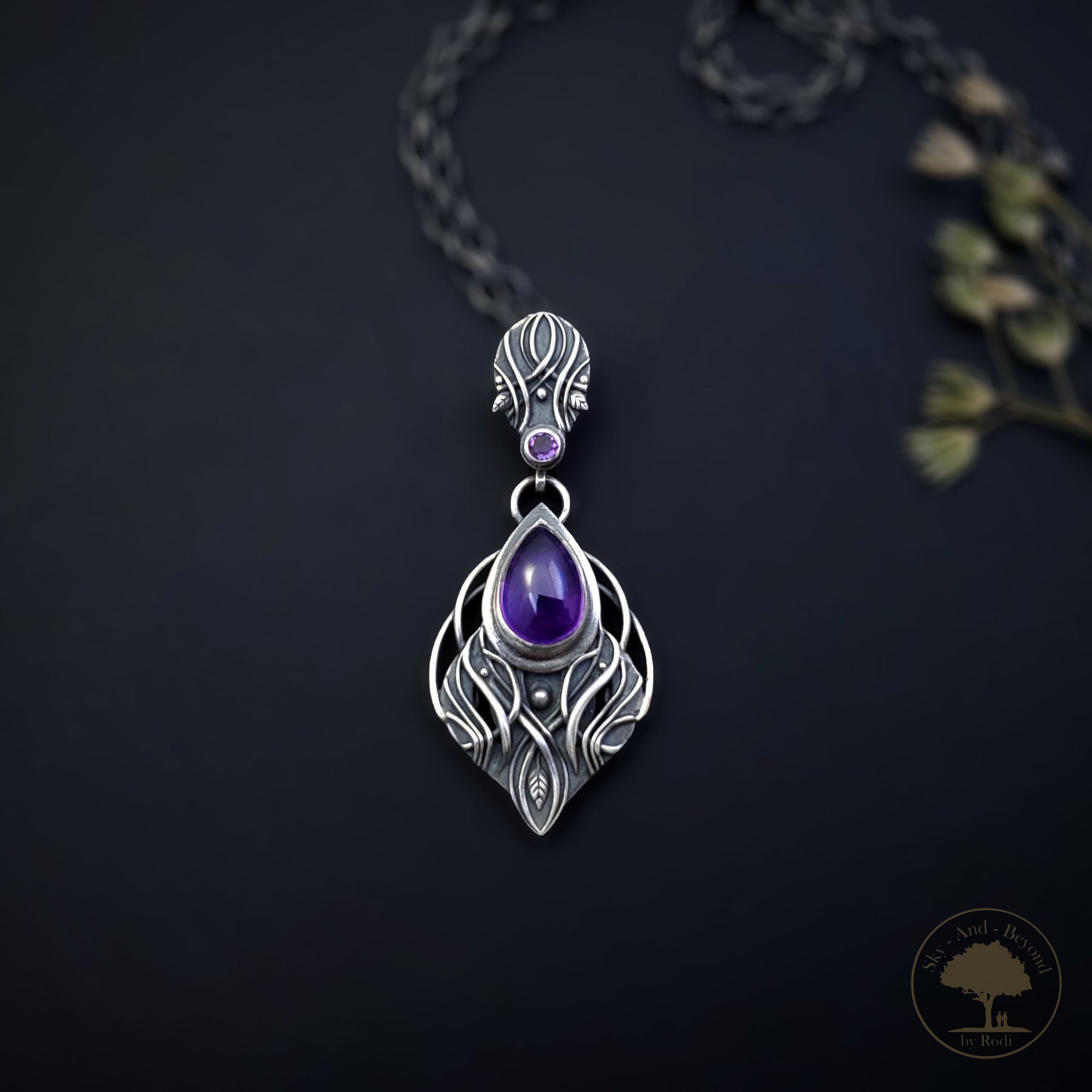 Sterling and Fine Silver with Amethyst, Fantasy Elvish Gothic Pendant and Necklace - Purple Guardian