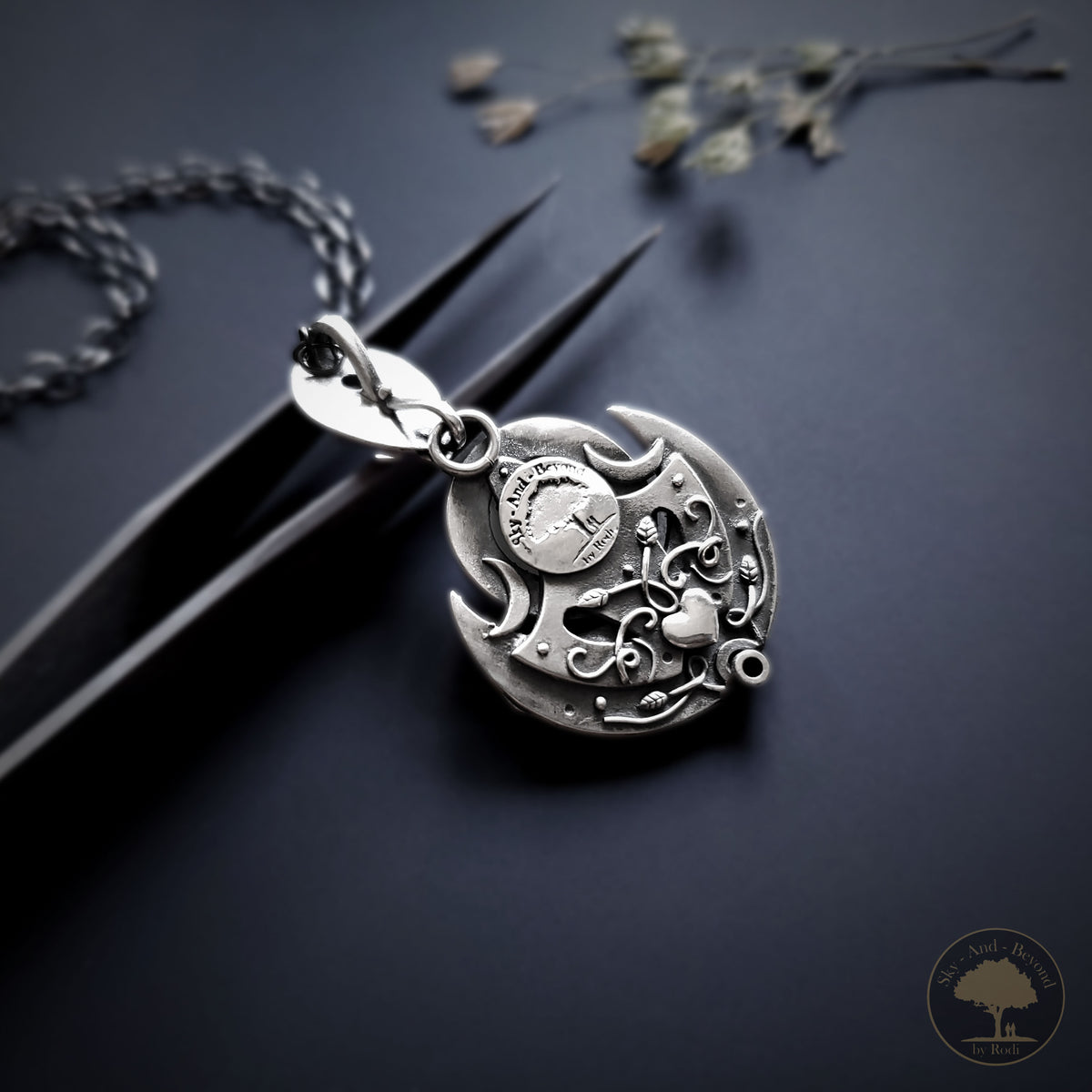 Sterling and Fine Silver Selena White Moon Pendant and Necklace with White Moonstone and Topaz - Moonlight