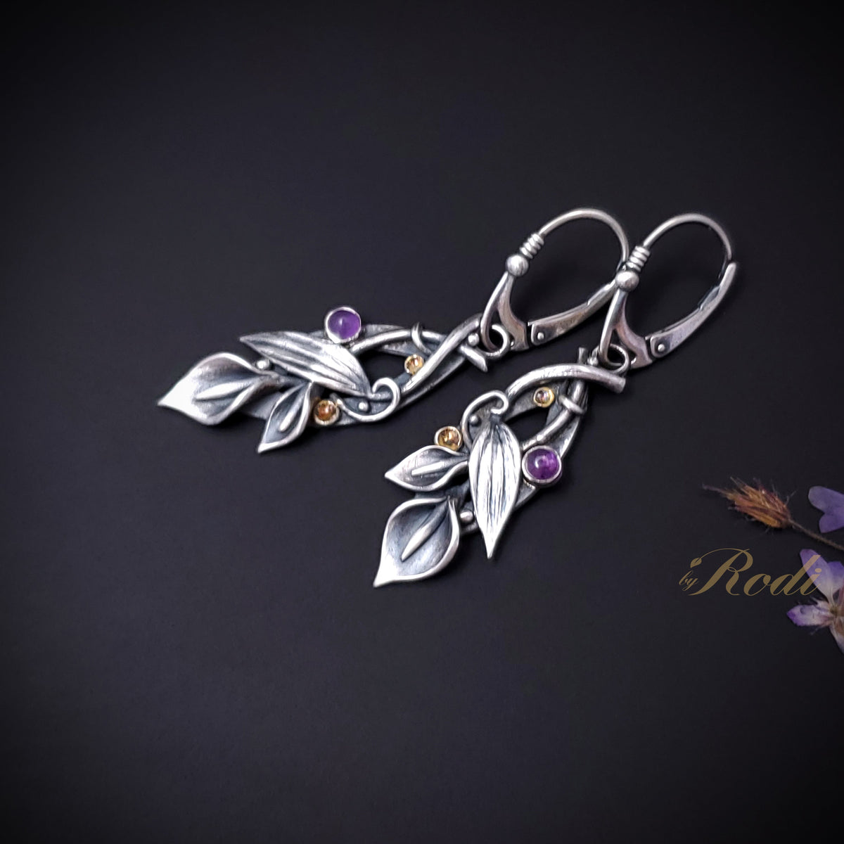 Joy - Fine Silver / 24k Gold Calla Lily Earrings With Amethyst