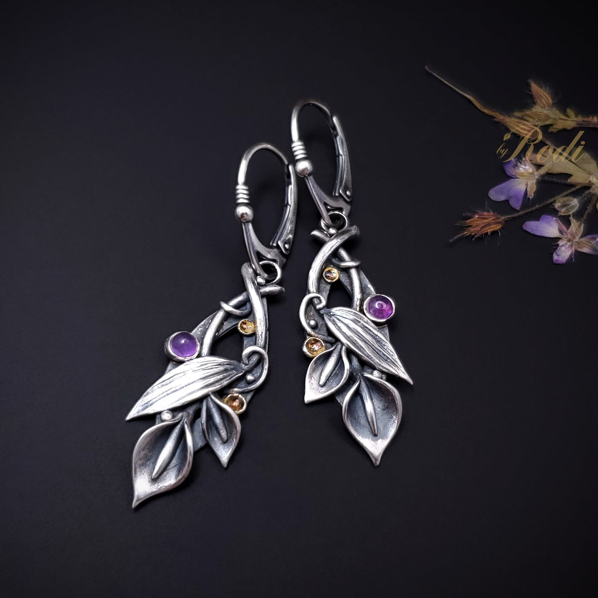 Joy - Fine Silver / 24k Gold Calla Lily Earrings With Amethyst