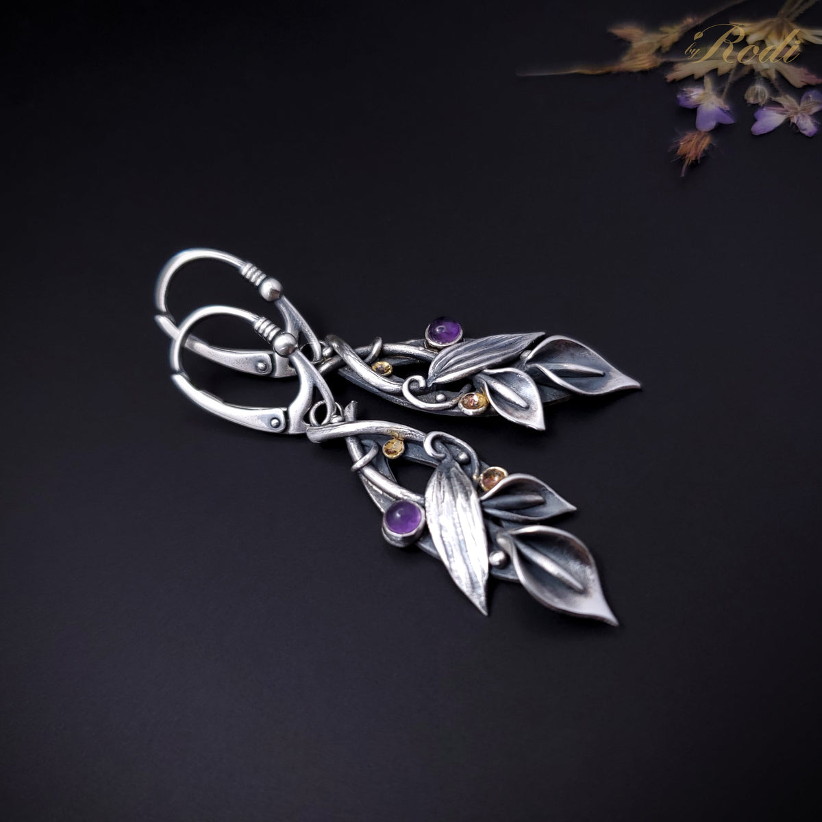 Joy - Fine Silver / 24k Gold Calla Lily Earrings With Amethyst