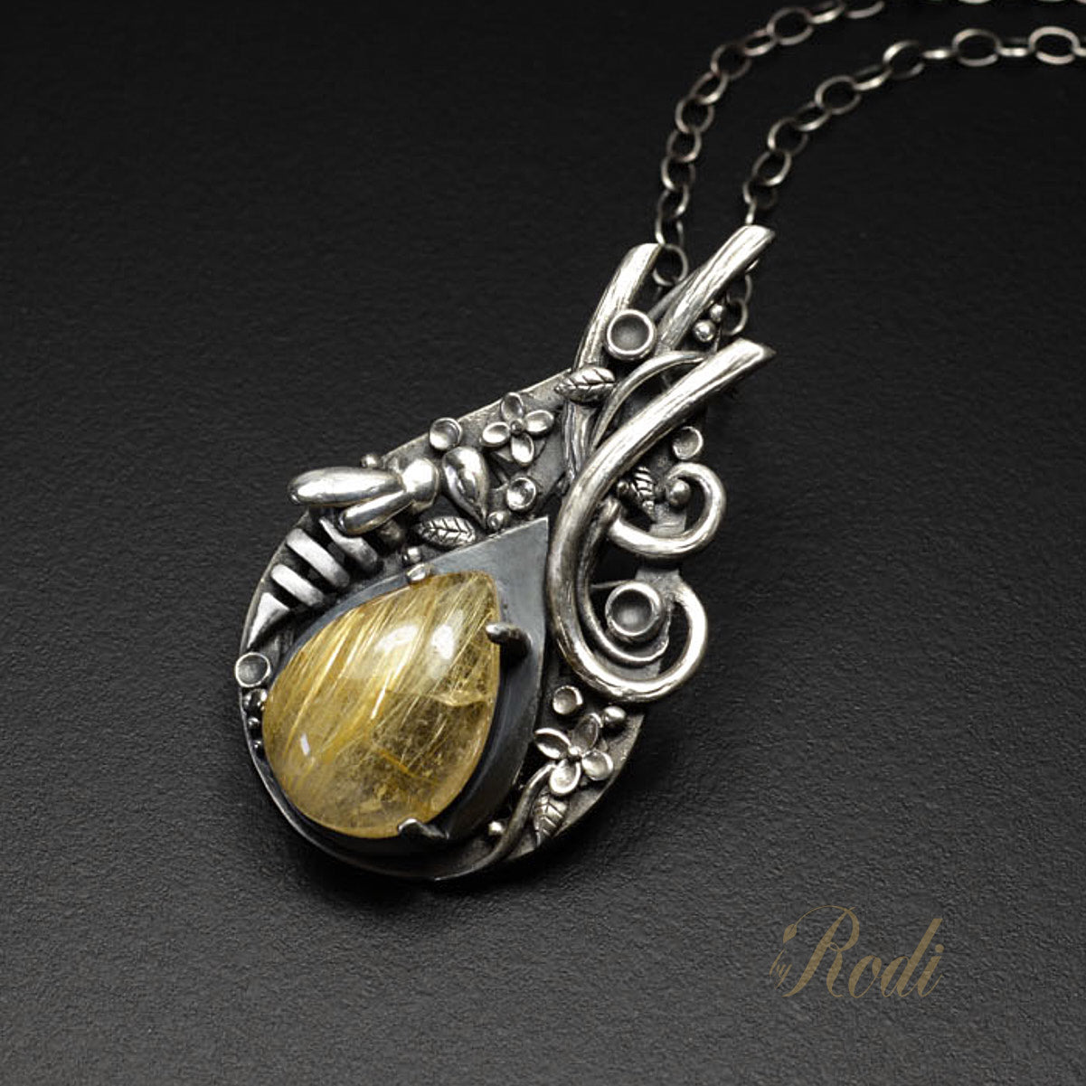 Be Queen - Fine Silver With Rutilated Quartz Bee Pendant