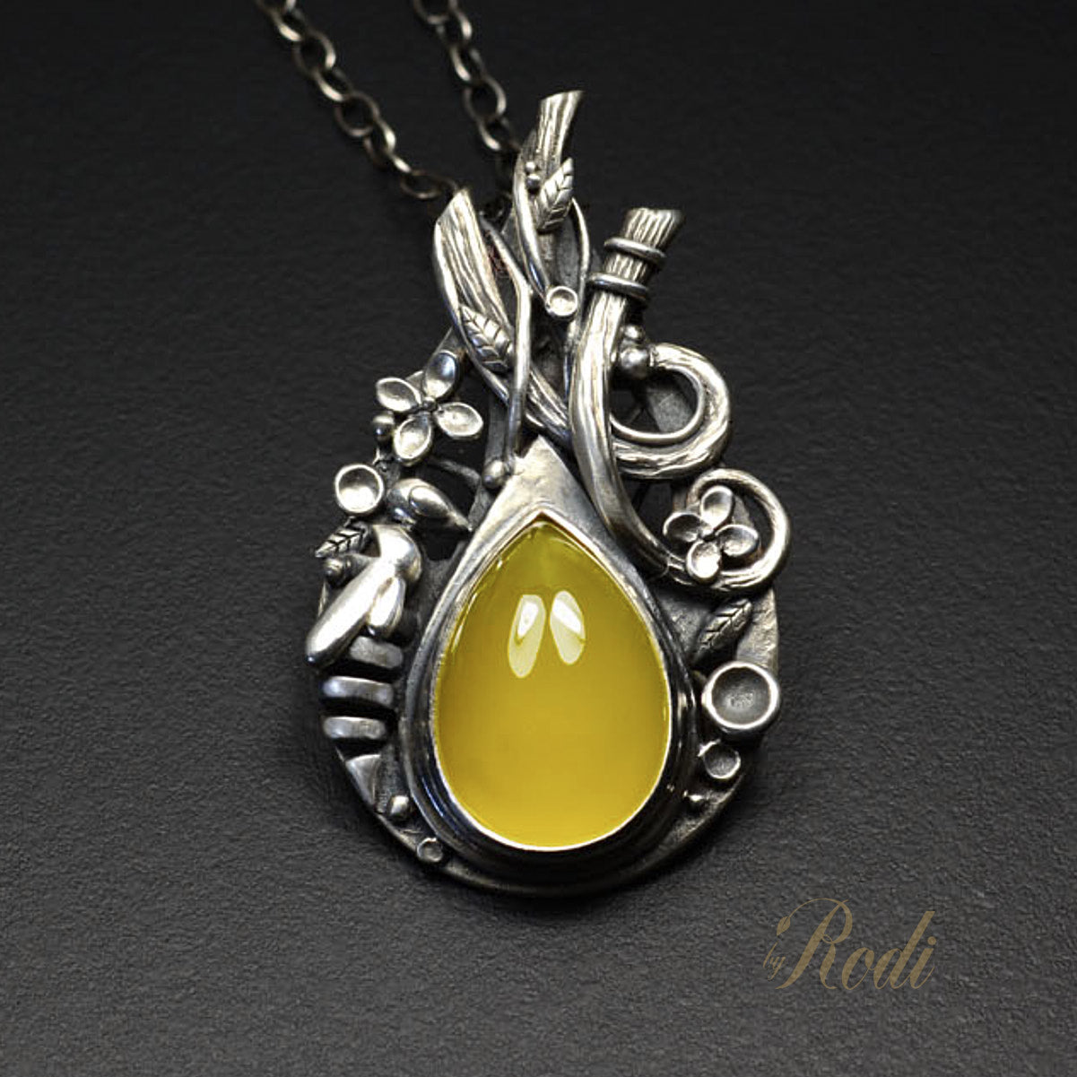 BeeLoved - Fine Silver Pendant With Mango Chalcedony