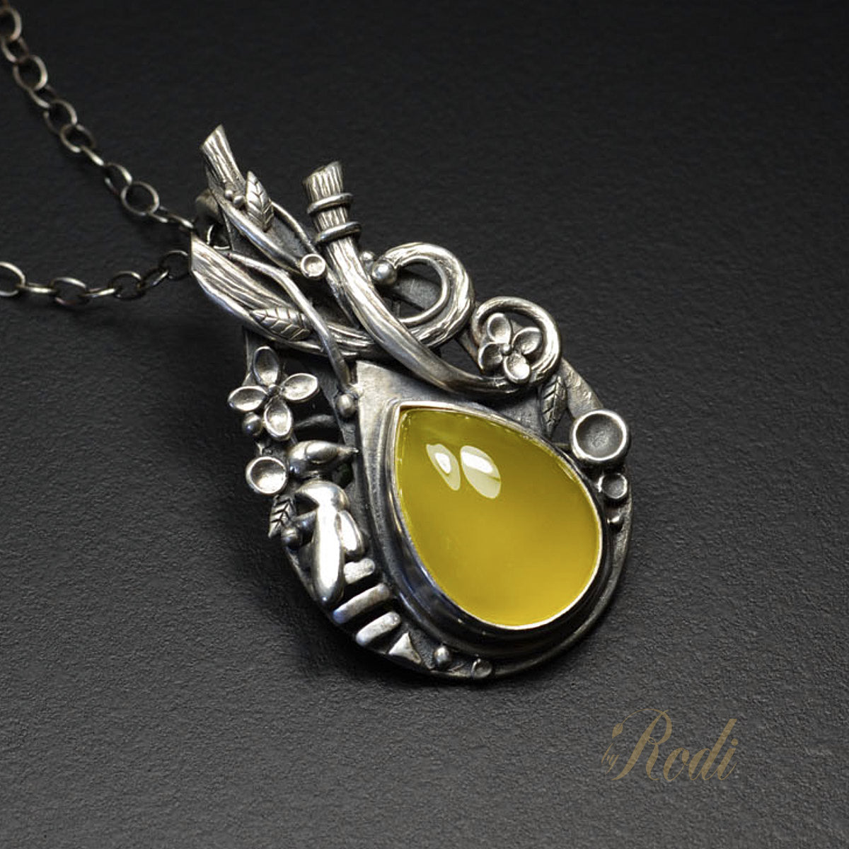 BeeLoved - Fine Silver Pendant With Mango Chalcedony