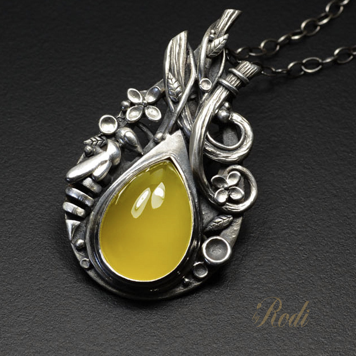 BeeLoved - Fine Silver Pendant With Mango Chalcedony