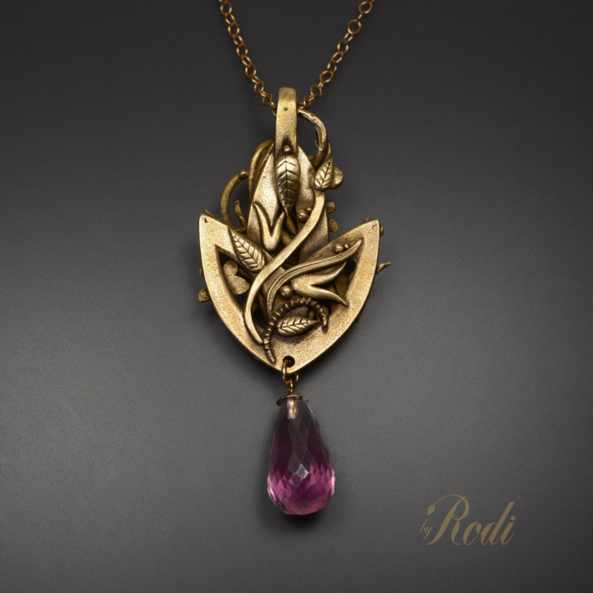 Blush - Bronze Necklace Pendant With Quartz Crystal