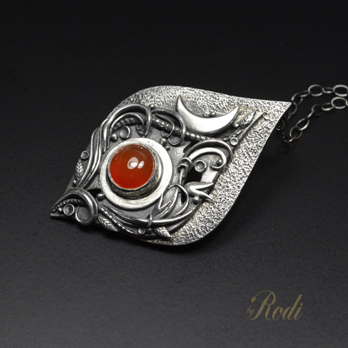 Desire - Fine Silver Floral Moon Pendant With Carnelian Gemstone - Metal  Clay With Rodi