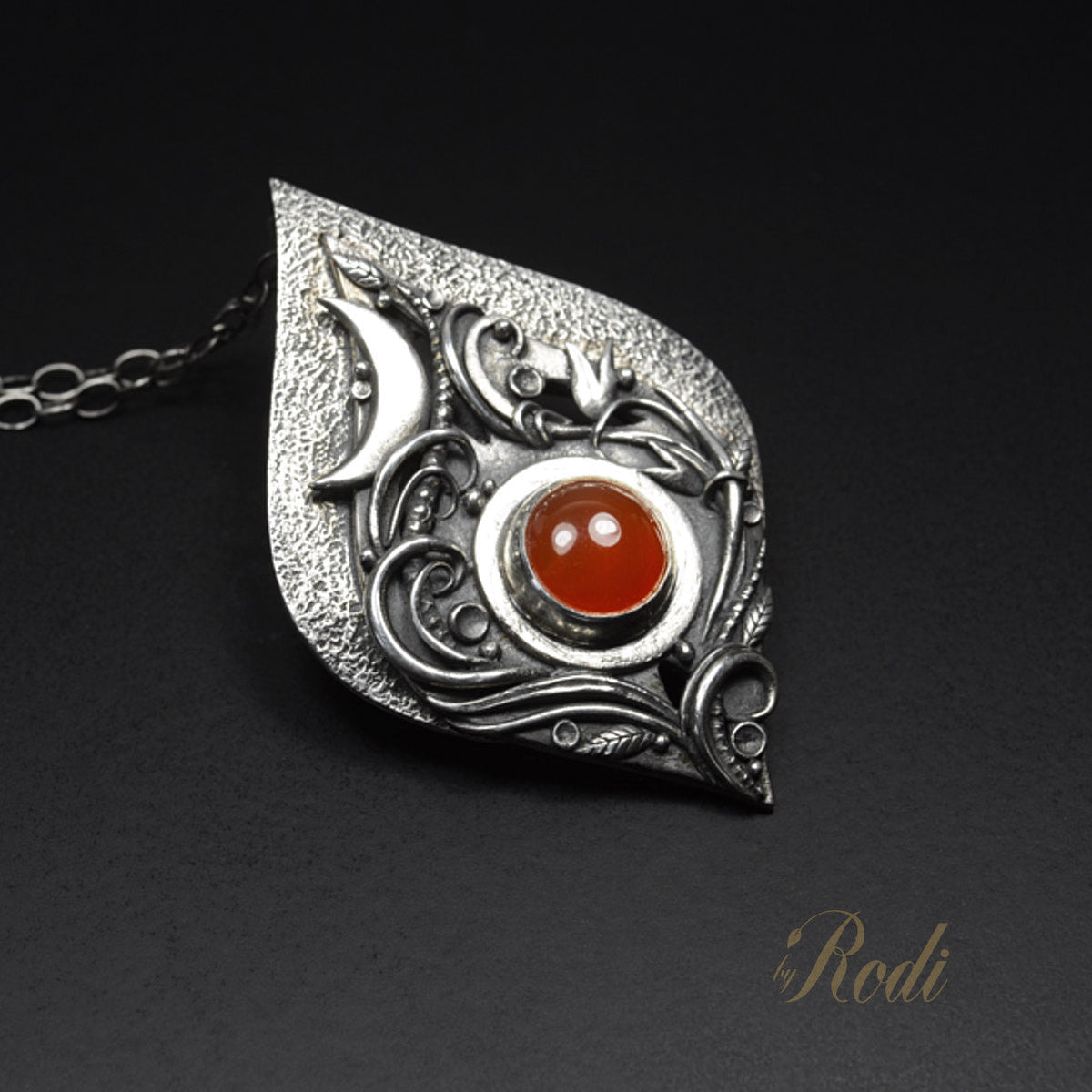 Desire - Fine Silver Floral Moon Pendant With Carnelian Gemstone