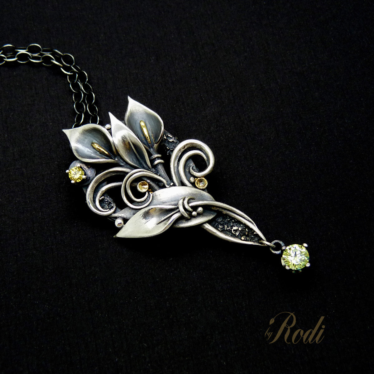 Faith II - Silver / 24k Gold Calla Lily Pendant With Cubic Zirconia