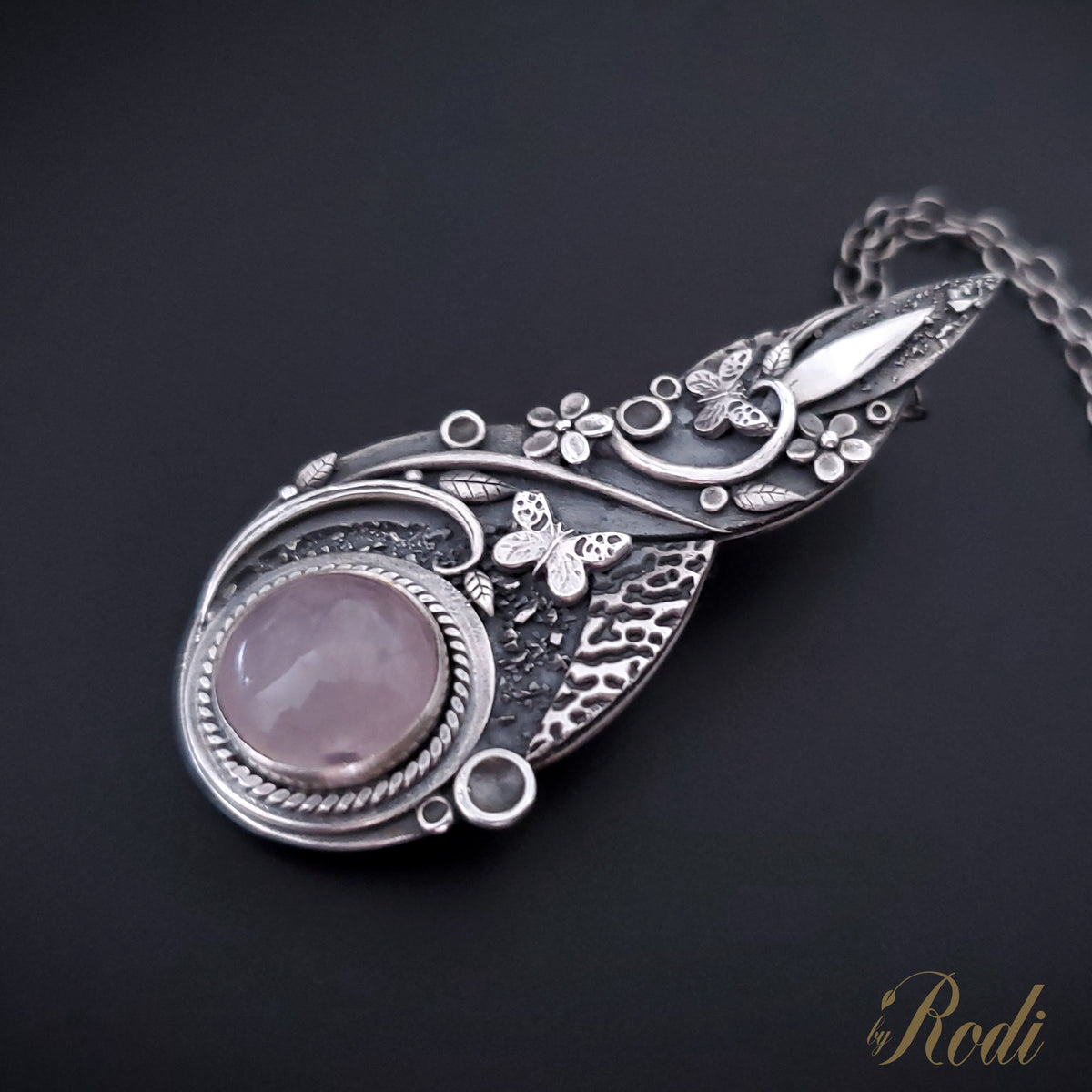 Flutter - Fine Silver Pendant, Rose Quartz