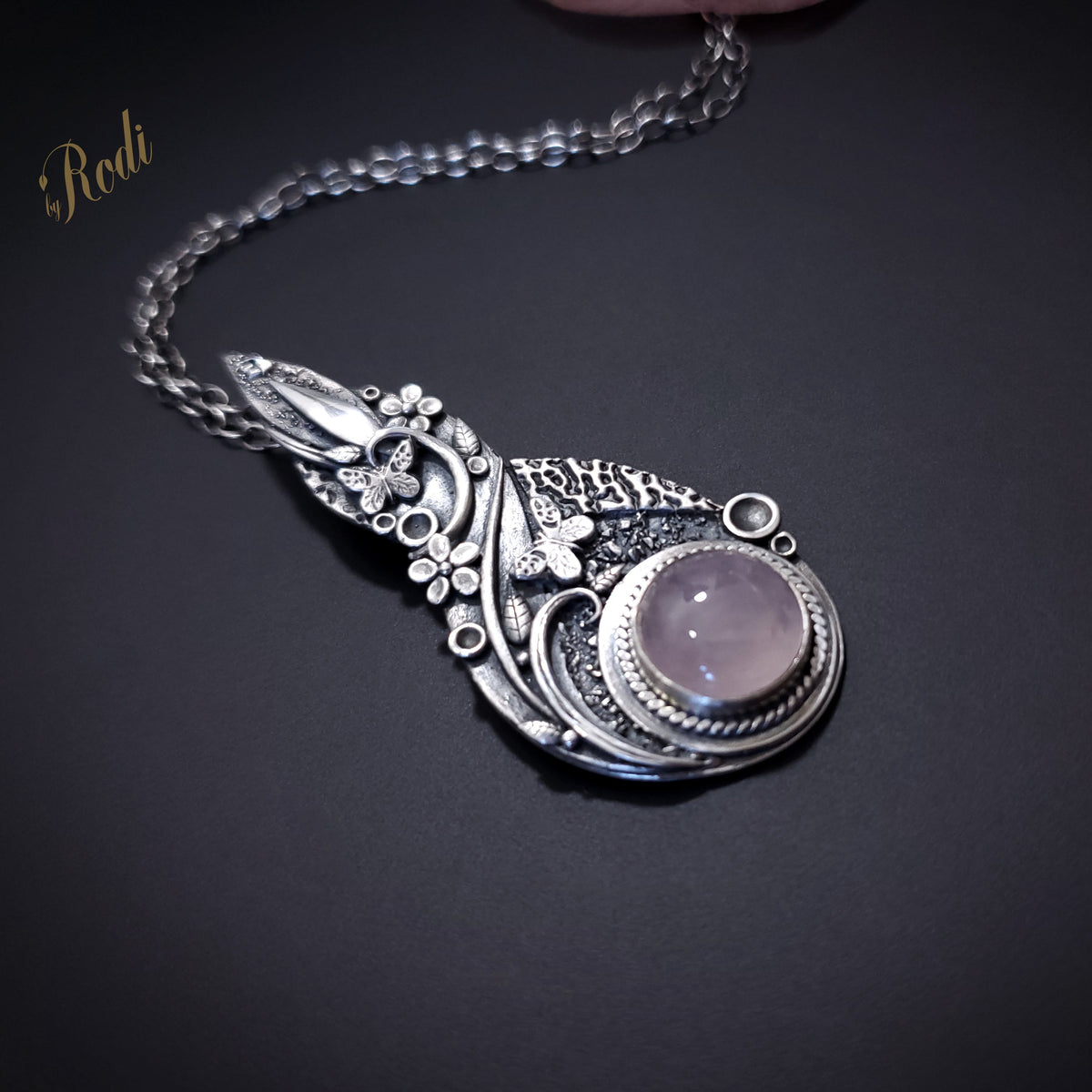 Flutter - Fine Silver Pendant, Rose Quartz