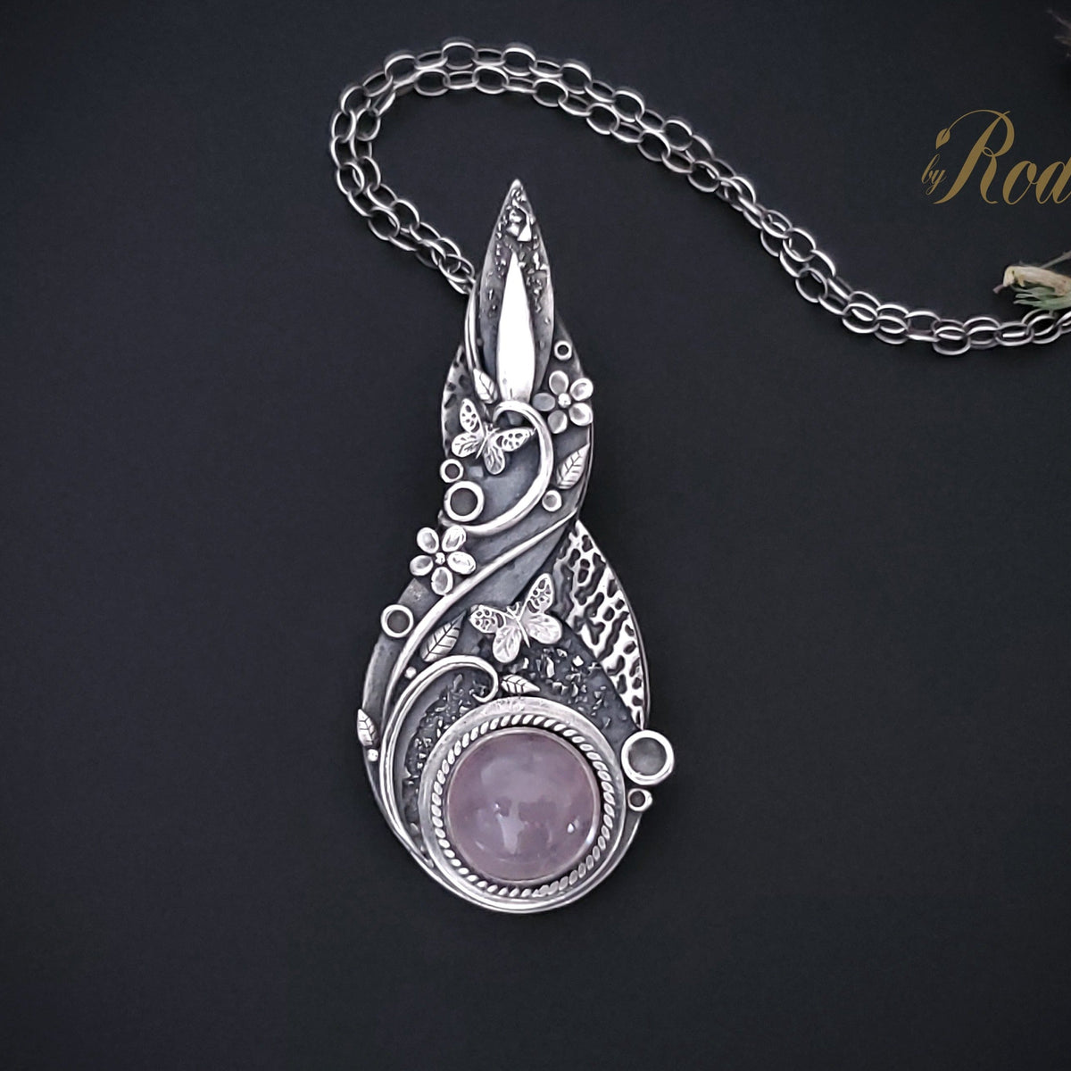 Flutter - Fine Silver Pendant, Rose Quartz