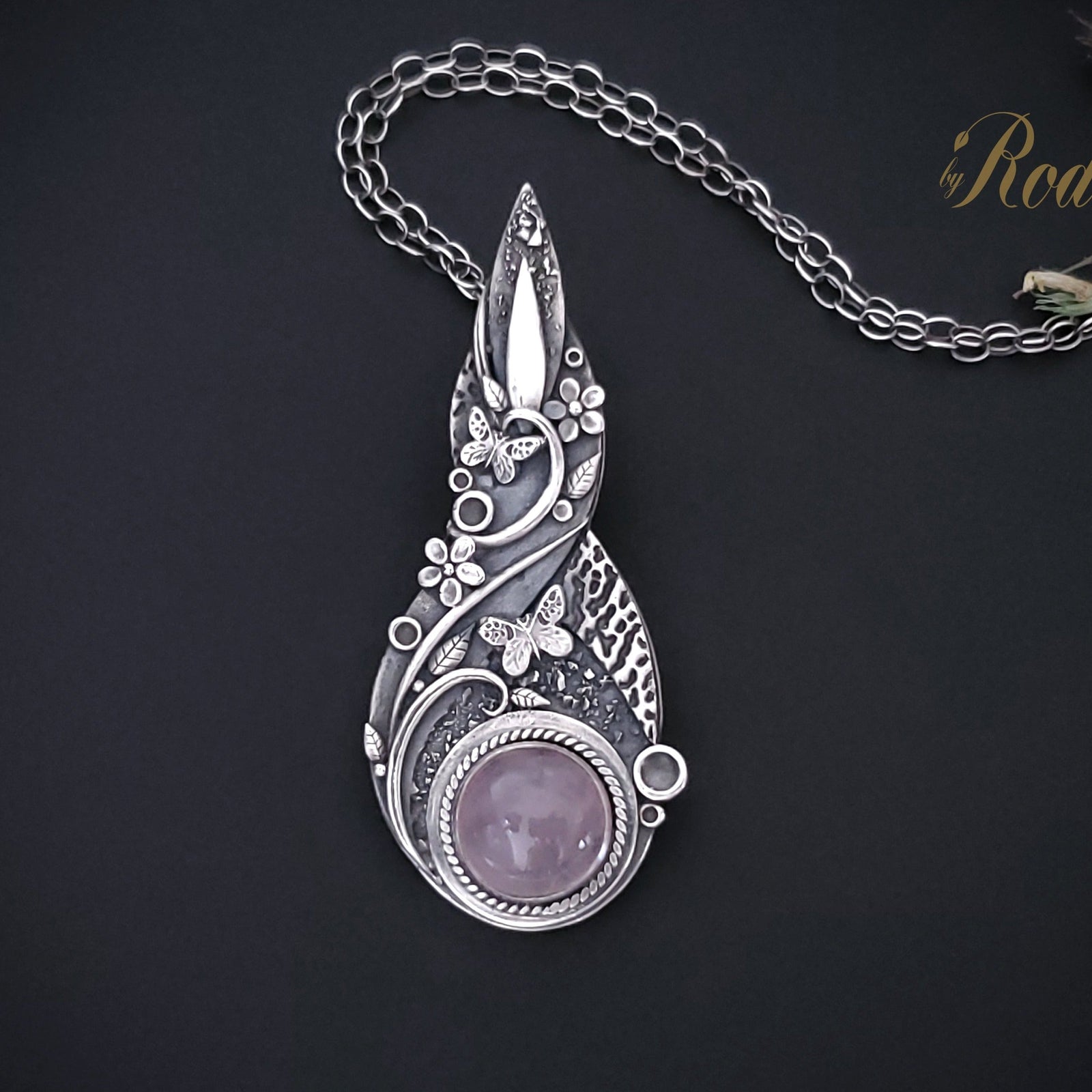 Flutter - Fine Silver Pendant, Rose Quartz