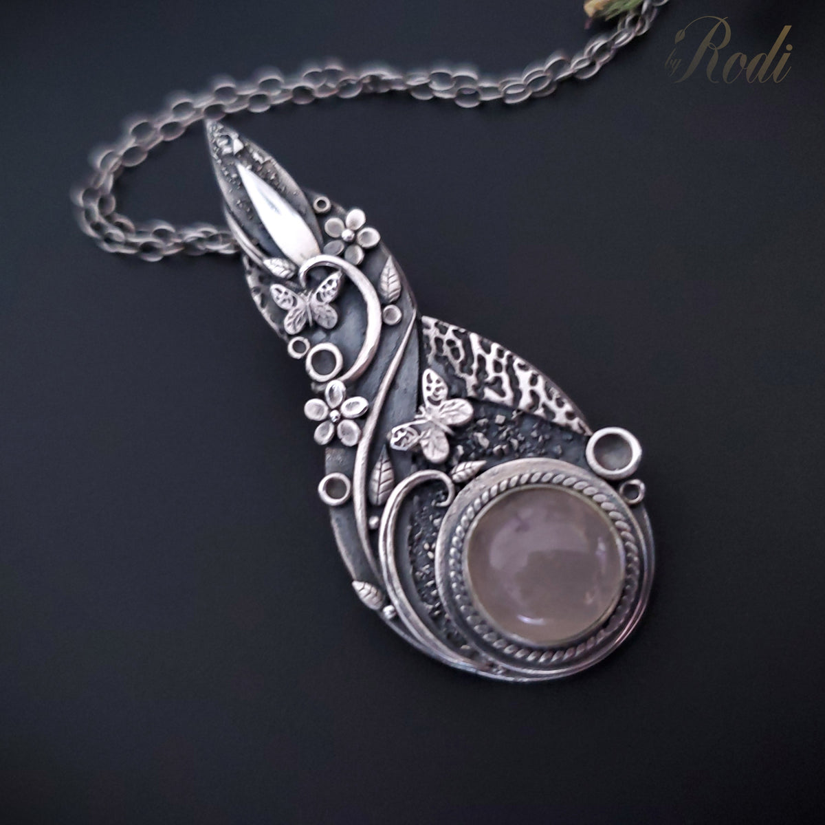 Flutter - Fine Silver Pendant, Rose Quartz