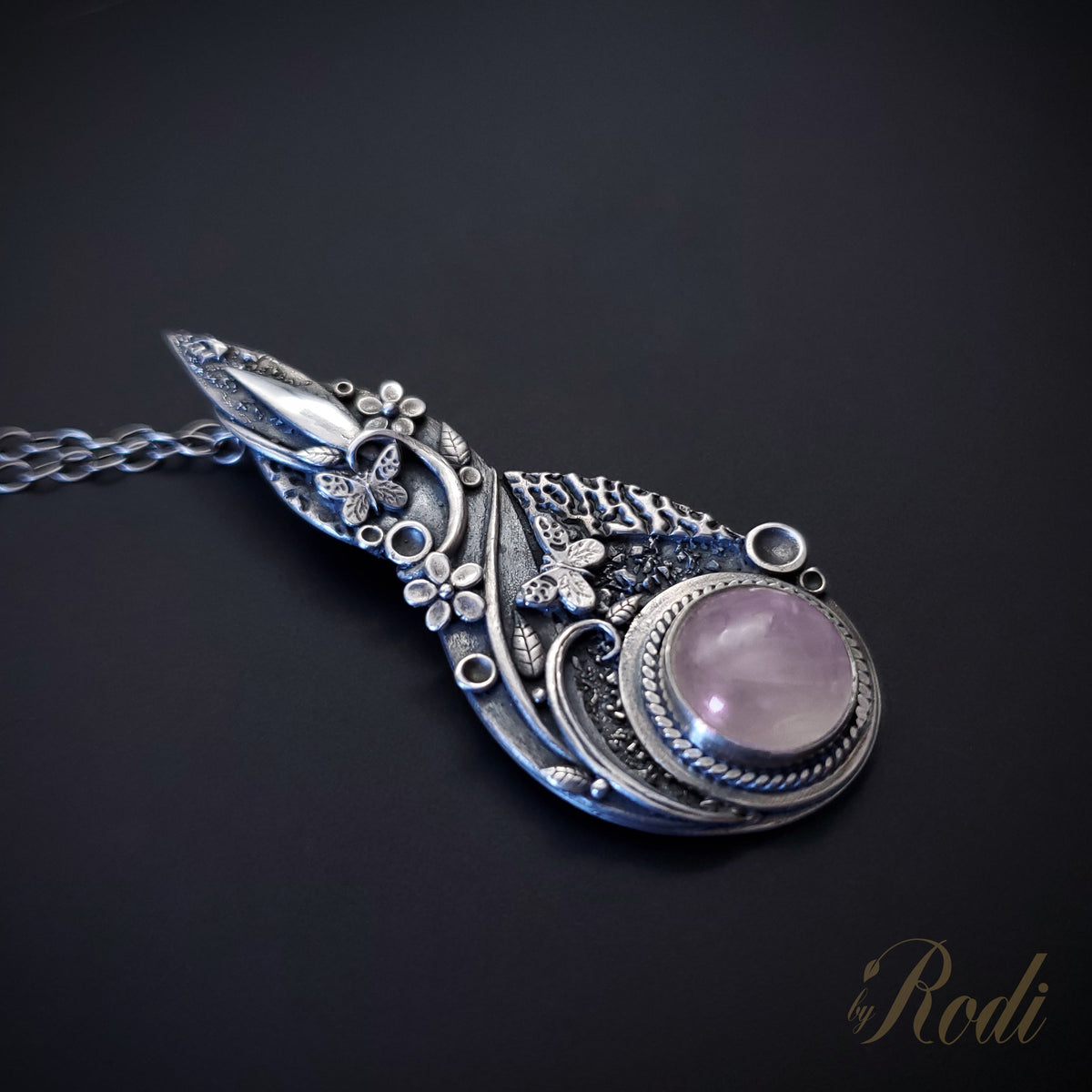 Flutter - Fine Silver Pendant, Rose Quartz