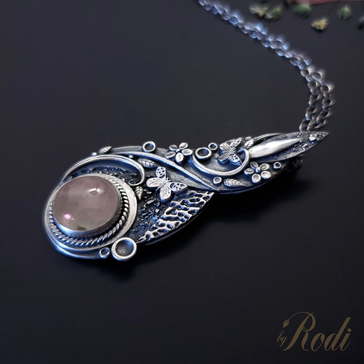 Flutter - Fine Silver Pendant, Rose Quartz