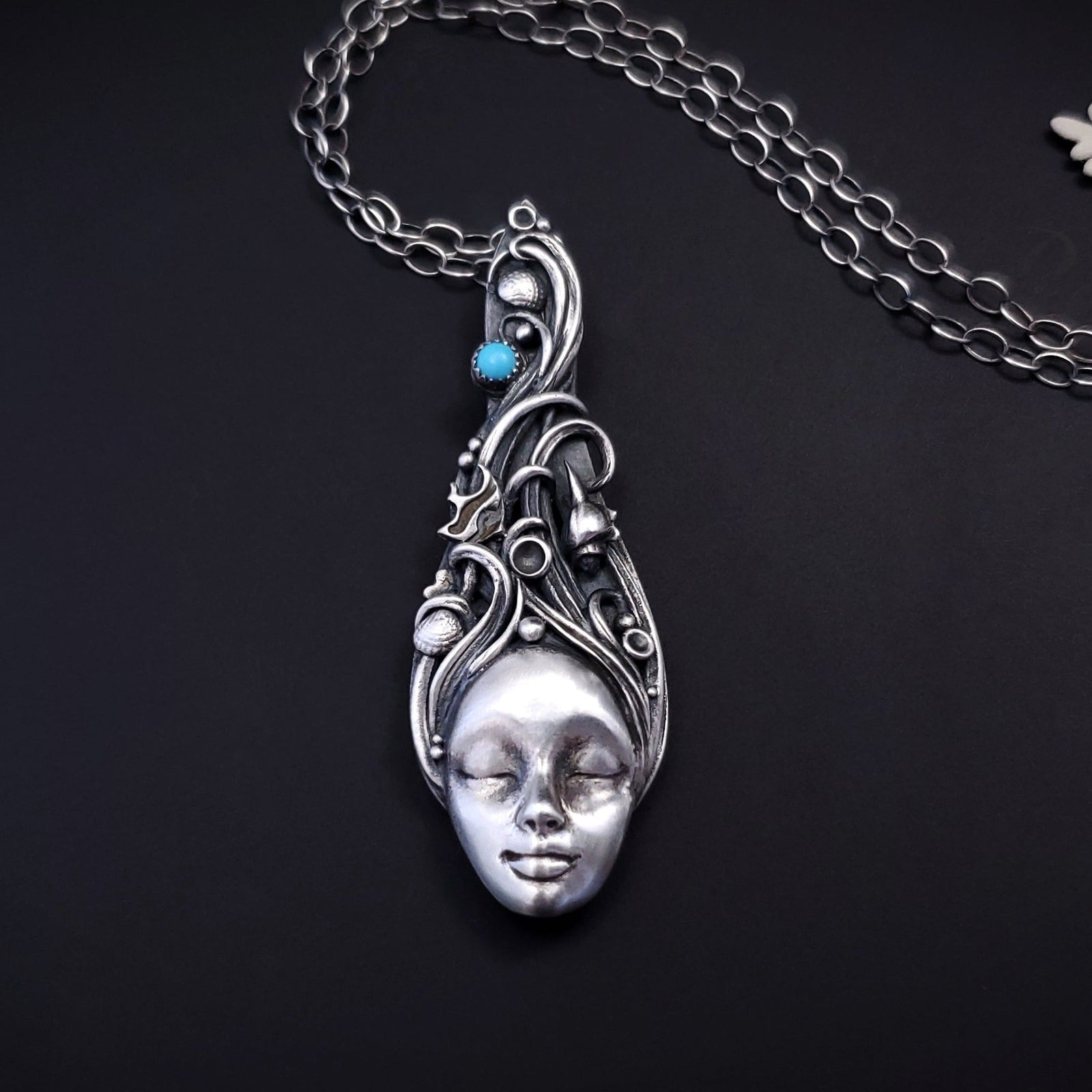 Goddess Of Tides II - Fine Silver Talisman Pendant With Turquoise