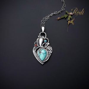 Heart Of Mine - Silver Heart Pendant with Turquoise and Garnet