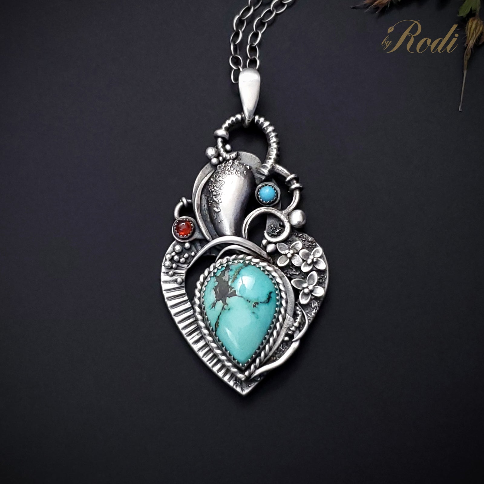Heart Of Mine - Silver Heart Pendant with Turquoise and Garnet