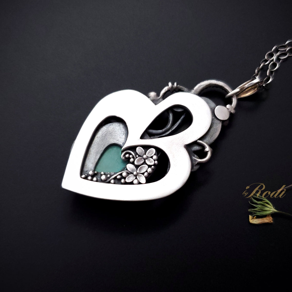Heart Of Mine - Silver Heart Pendant with Turquoise and Garnet