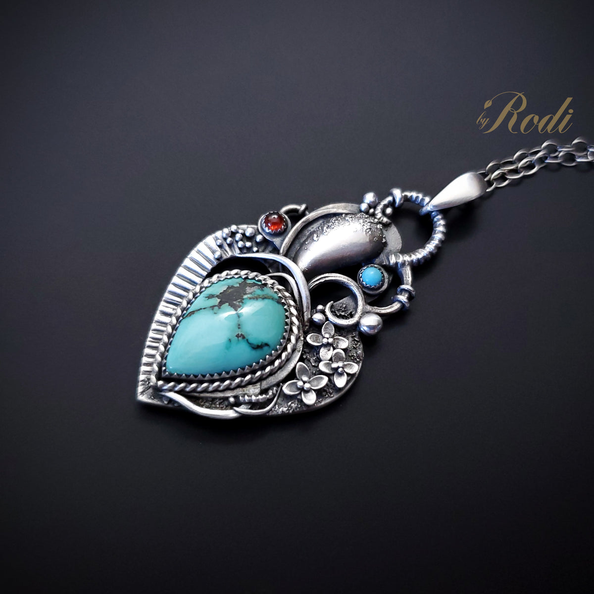 Heart Of Mine - Silver Heart Pendant with Turquoise and Garnet