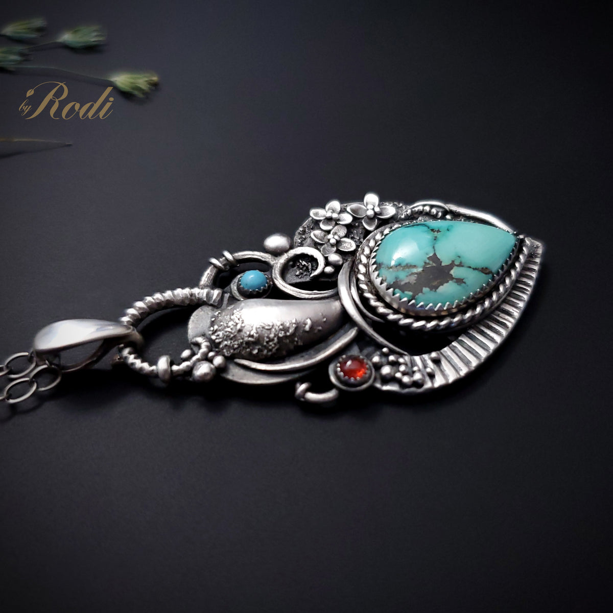 Heart Of Mine - Silver Heart Pendant with Turquoise and Garnet