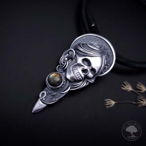 Karma II - Fine Silver Skull Pendant With Labradorite