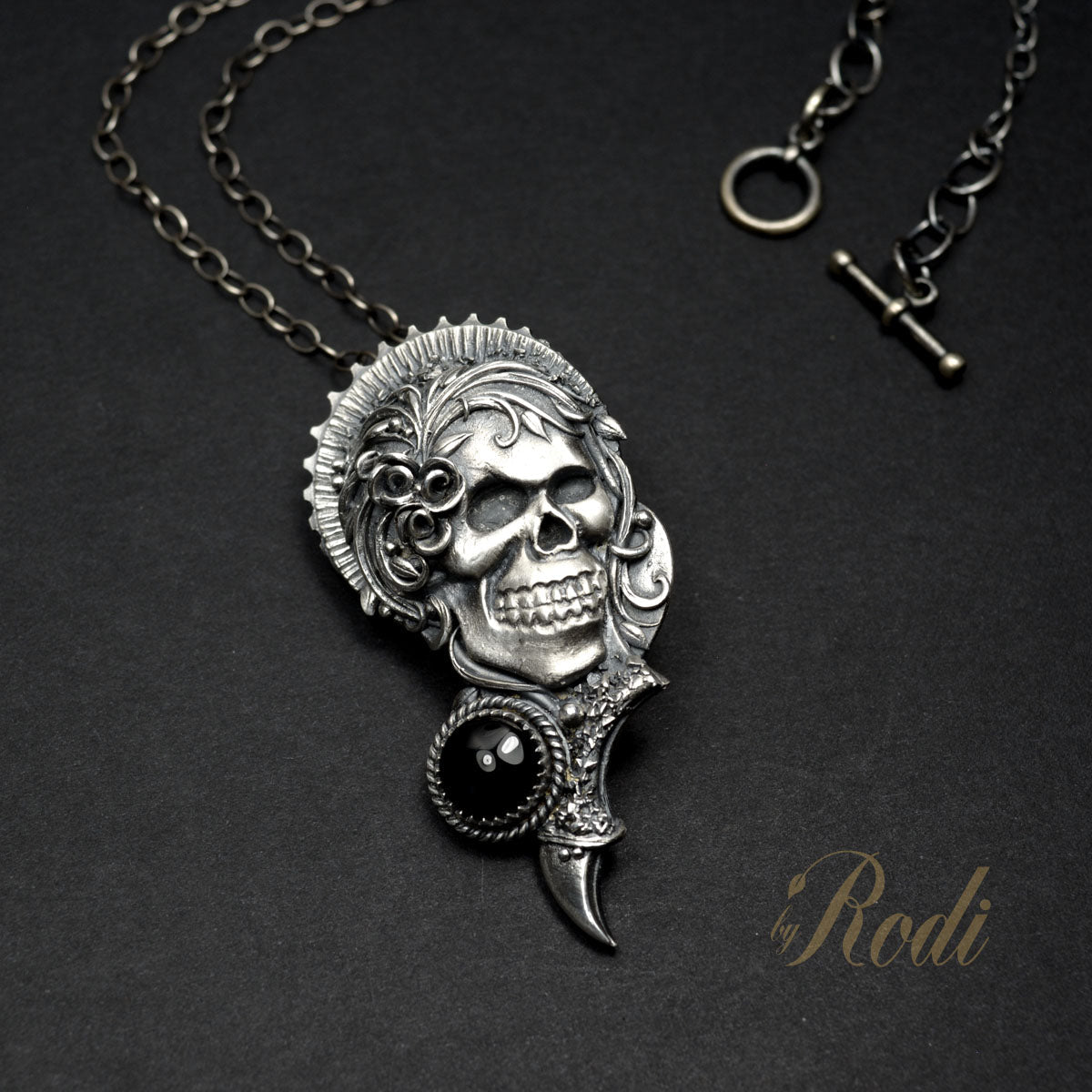 Karma - Fine Silver With Onyx Skull Pendant