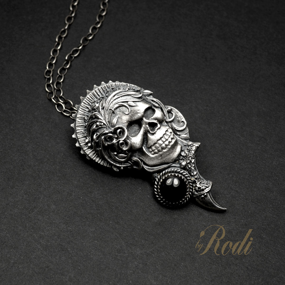 Karma - Fine Silver With Onyx Skull Pendant