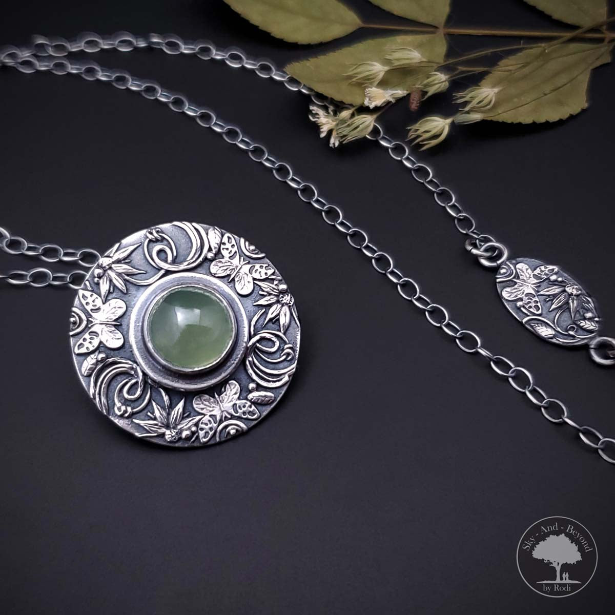 Mood For Love - Fine Silver Butterfly Mandala Pendant With Prehnite