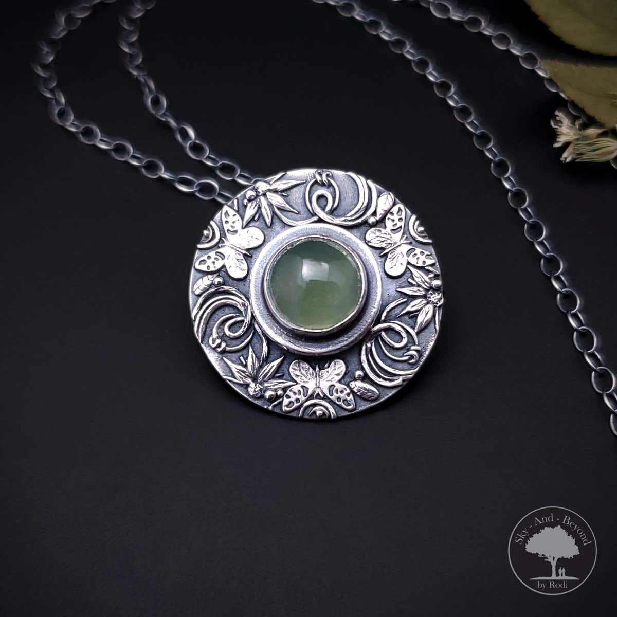 Mood For Love - Fine Silver Butterfly Mandala Pendant With Prehnite