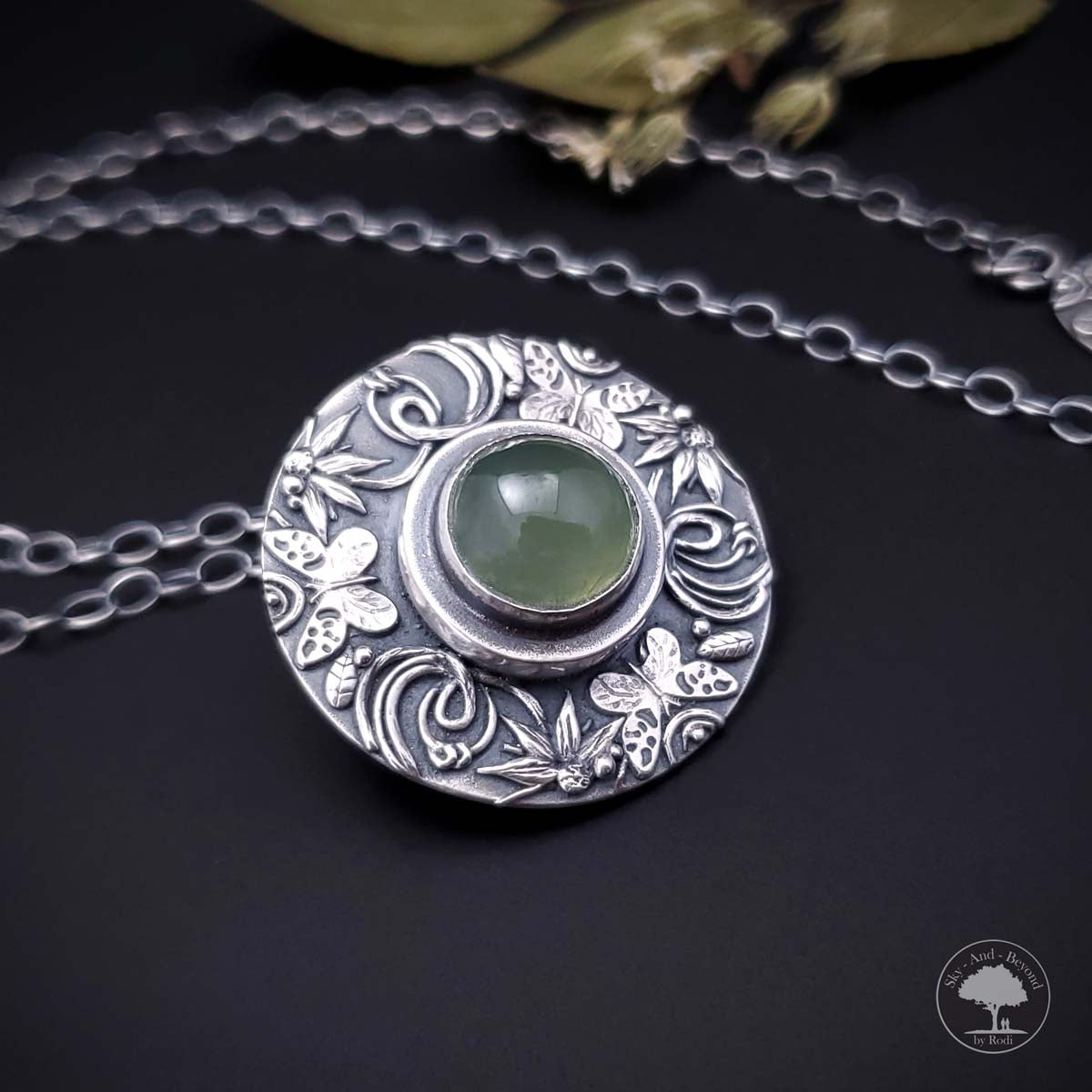 Mood For Love - Fine Silver Butterfly Mandala Pendant With Prehnite