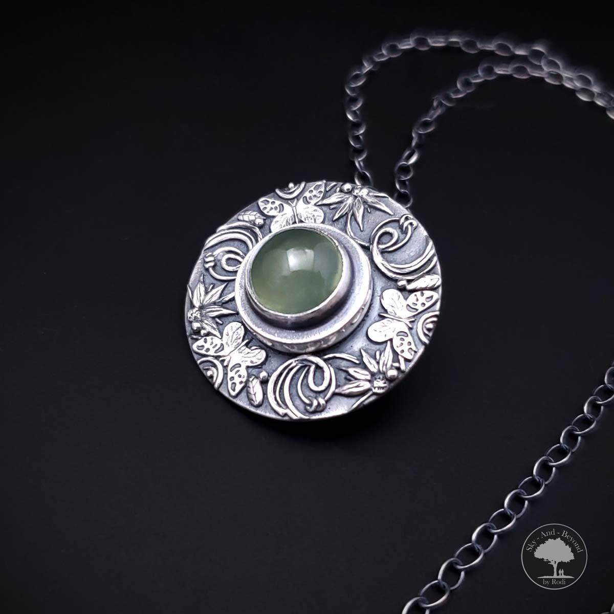 Mood For Love - Fine Silver Butterfly Mandala Pendant With Prehnite