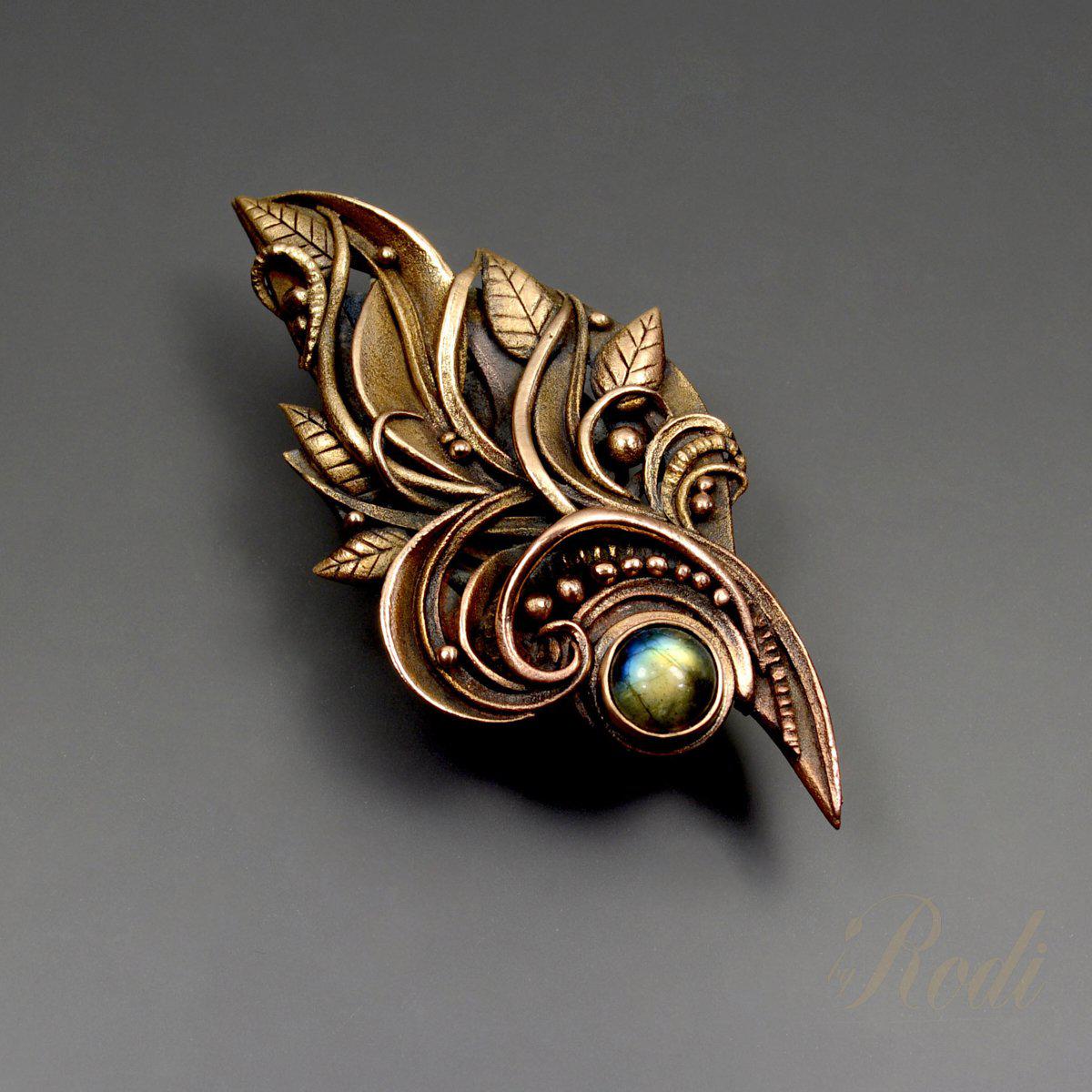 Peace - Talisman Brooch / Pin, Bronze With Labradorite Gemstone